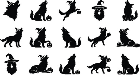 Obraz premium Halloween icon collection black silhouette wolves with witch hats jack o' lanterns