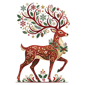 Ornate red reindeer with festive christmas decorations on antlers and body holiday winter