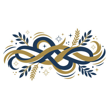 Intertwined navy blue and gold ribbons with laurel branches and stars abstract background celebration