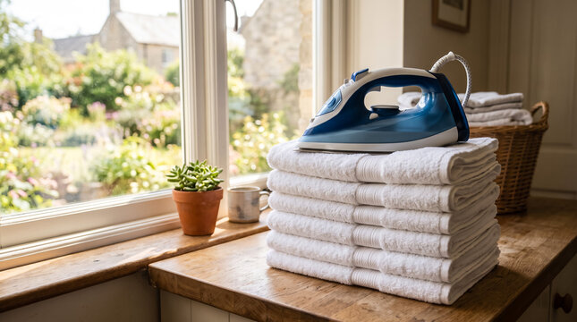 Electric iron on a stack of white towels. Household laundry chores and garment care.