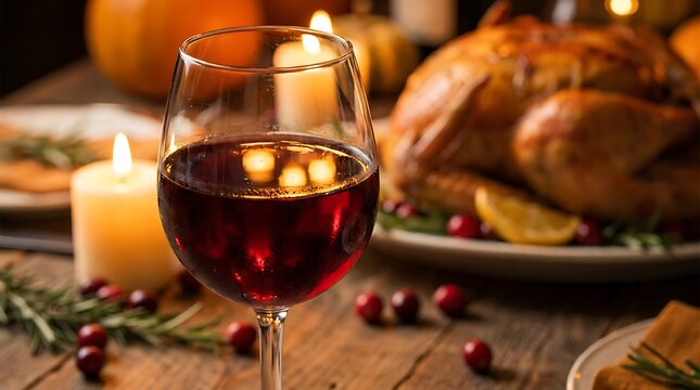 Thanksgiving dinner table setting red wine roasted turkey festive autumn decor