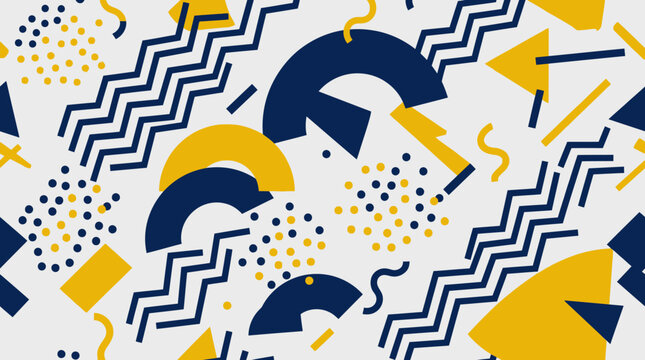 Abstract memphis pattern. modern geometric background with various shapes and textured elements.