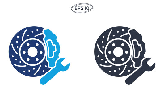Car brake disc and caliper icon with wrench for automotive repair service concept.