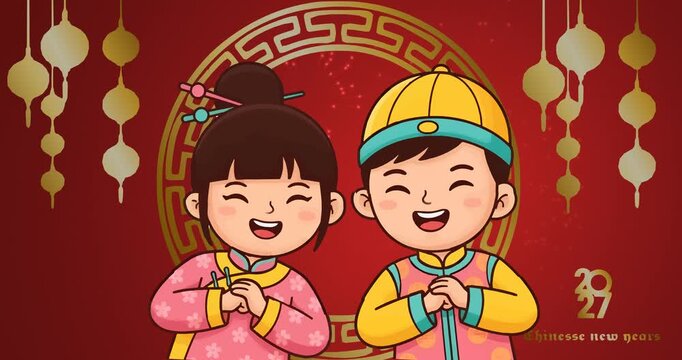 Happy Chinese New Year Cartoon Children Bowing with Festive Red and Gold Background, Sparkles and Ornate Circle, 4K