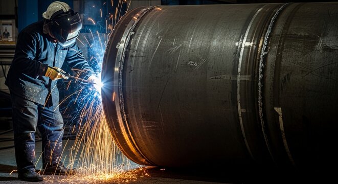 Industrial Steel Tank Seam Welding With Intense Sparks and Glowing Metal