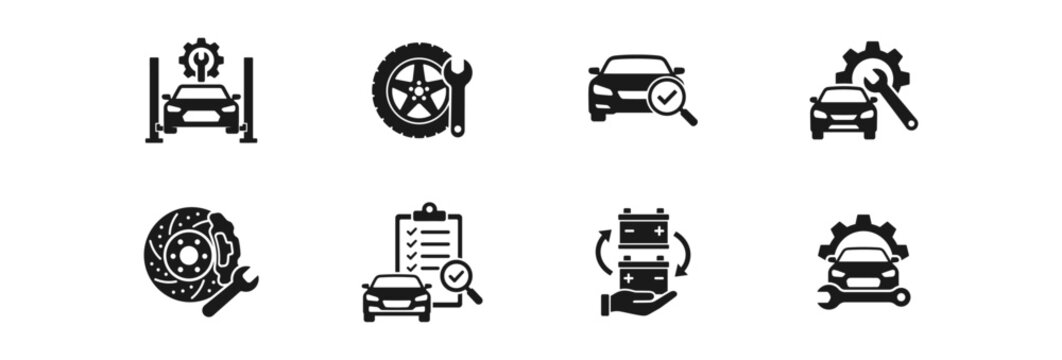 Car repair and auto service maintenance black icons set for automotive industry.