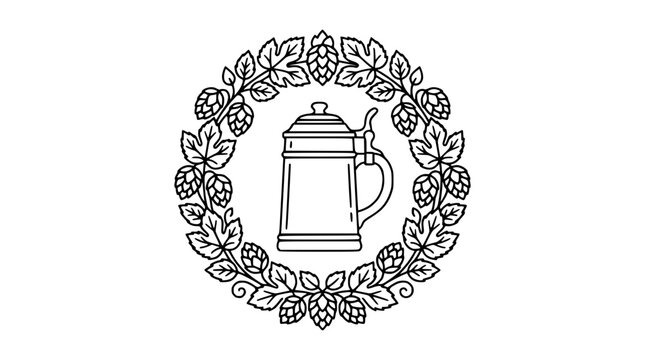 Vintage Style Line Art Illustration of a Traditional Beer Stein Mug Inside a Decorative Hops Wreath