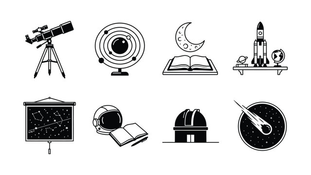 Illustrations of astronomy and space exploration equipment and symbols with transparent background