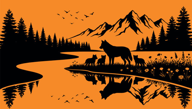 Majestic Silhouette of a Mother Wolf and Her Pups in a Wild Mountain Landscape with Lake Reflection and Evergreen Forest at Sunset, Scenic Nature Vector Illustration for Wilderness Decor