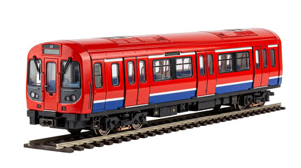 Obraz premium Red miniature subway train on tracks, detailed scale model of underground metro carriage, electric commuter rail toy isolated on white background