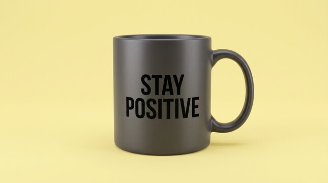 Stay Positive motivational quote on black ceramic mug, minimalist coffee cup with inspirational text, matte dark mug on yellow background