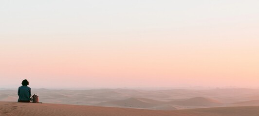 Fototapeta premium Solo Traveler Resting on Desert Rock Brushing Hiking Boots After Trek, Sculpted Sand Dunes at Sunset with Expansive Copy Space and Authentic Documentary Travel Photography