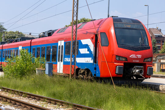 Modern passenger train entering Valjevo railway station in western Serbia. The railway station is an important stop on the Serbian railway network. Srbijavoz