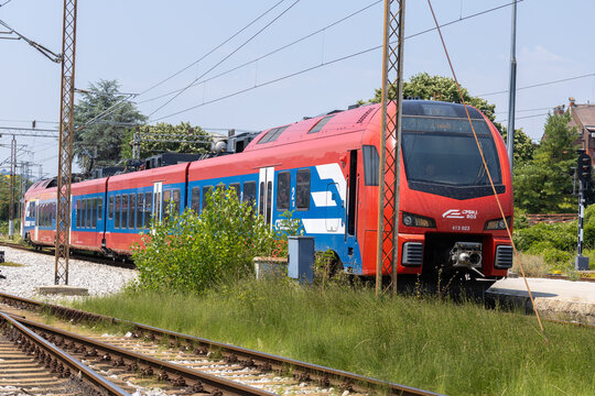Modern passenger train entering Valjevo railway station in western Serbia. The railway station is an important stop on the Serbian railway network. Srbijavoz