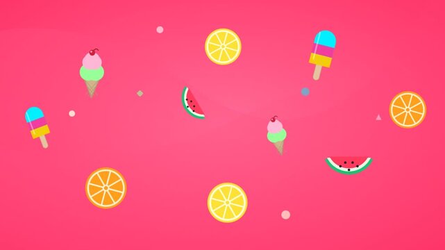 Colorful summer fruit popsicle flat lay on pink background.