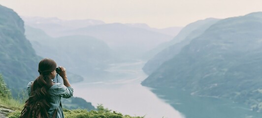 Naklejka premium Solo Traveler Observing Scenic Fjord Landscape with Binoculars from Grassy Cliff, Peaceful Mountain Adventure with Expansive Copy Space and Authentic Documentary Photography
