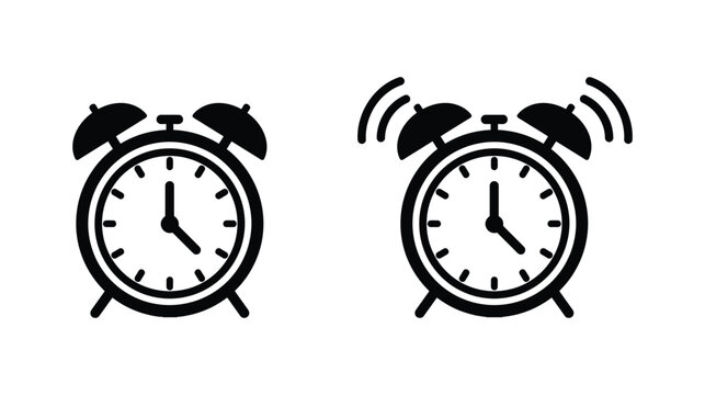 Clock vector icon set displaying alarm functionality in black