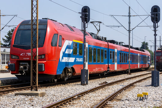 Modern passenger train entering Valjevo railway station in western Serbia. The railway station is an important stop on the Serbian railway network. Srbijavoz