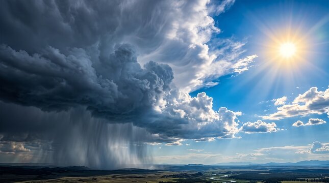 Dramatic storm clouds with heavy rain falling, bright sun shining in blue sky, contrasting weather conditions over rural landscape