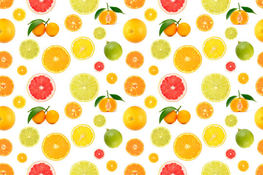 Repeating seamless pattern of mixed citrus fruits whole oranges lemons limes pink grapefruits and slices with leaves arranged on white background