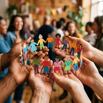 Diverse Hands Holding Paper People, Unity and Community Concept