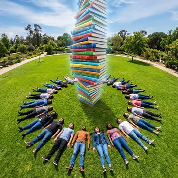 Diverse Group Lying in Circle Around Towering Stack of Books in Sunny Park
