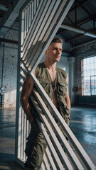 Fototapeta premium Man wearing olive cargo vest stands behind white wooden slats in an industrial loft featuring brick walls and natural window illumination through large panes.