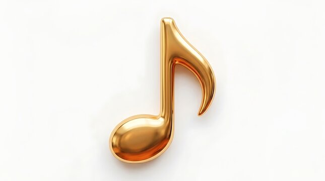 Golden eighth note on white background with shiny metallic surface
