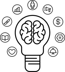Creative brainstorming and idea generation concept. Human mind with innovation symbols for business and marketing strategy. Transparent Background PNG © monir