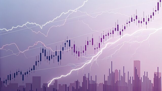 Stock market chart with candlestick and volume bars showing volatile market conditions with lightning effect and city skyline in background
