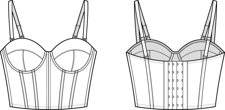 Women's corset crop top technical fashion sketch showing front and back view with boning and hook closure details