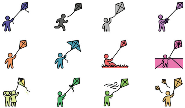 Kids flying kites in different outdoor activities with colorful recreation and leisure icon set on transparent background vector illustration