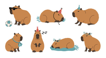 Fototapeta premium Various cute capybara characters wearing party hats, sunglasses, and scarves depicted in funny sleeping and sitting poses.