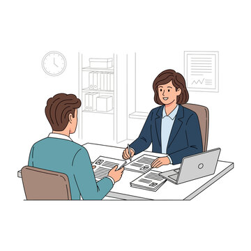 Human resources manager interviewing a male candidate for a job vacancy, recruitment concept, vector illustration.