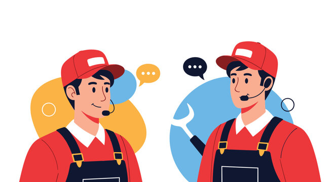 Professional male customer support or repair technicians wearing red uniforms and headsets engaged in helpful communication.