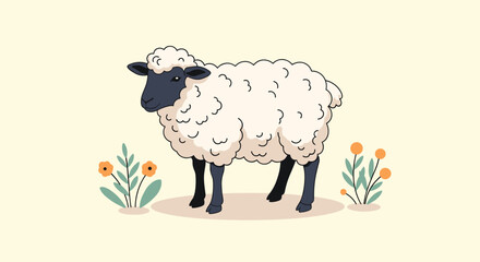 Obraz premium Realistic depiction of a black-faced sheep with thick white wool standing in a field between orange flower clusters.