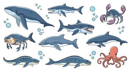 Naklejka premium Detailed collection of prehistoric marine animals including various species of ancient whales sharks and extinct sea creatures in the ocean.