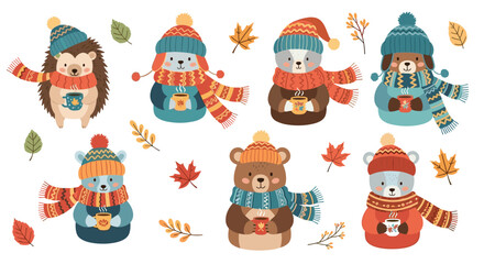 Fototapeta premium Set of cute winter animals wearing hats and scarves holding mugs of hot cocoa or tea among falling autumn leaves illustration.