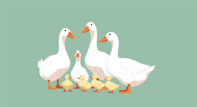 Group of white domestic geese and yellow goslings standing together on a plain green background in a peaceful family scene.