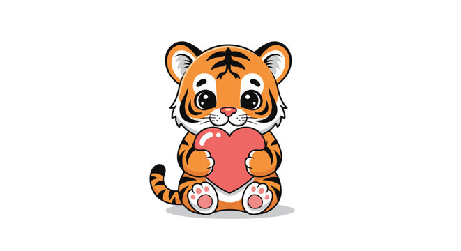 Adorable baby tiger cub sitting and holding a large pink heart with its paws with a sweet expression and big eyes illustration.