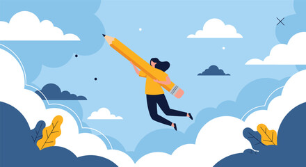 Fototapeta premium Creative young girl flying through the blue sky among white clouds while holding a giant yellow pencil with both hands.