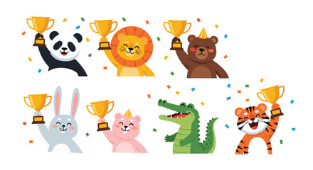 Obraz premium Set of cute animals including panda lion and bear holding gold trophies with colorful celebratory party confetti.