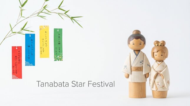 Tanabata Star Festival celebration with wooden kokeshi dolls, colorful tanzaku wish strips on bamboo branch, traditional Japanese summer holiday concept