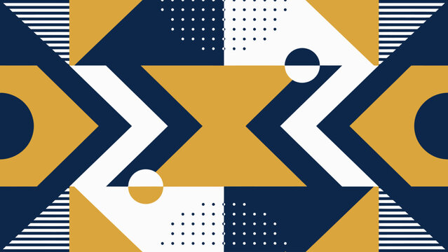 Symmetrical geometric seamless pattern with bold blue and yellow shapes and dot designs.