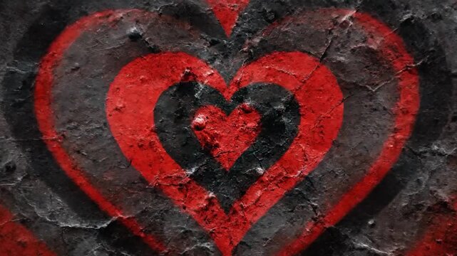 Red and black concentric hearts painted on a cracked wall