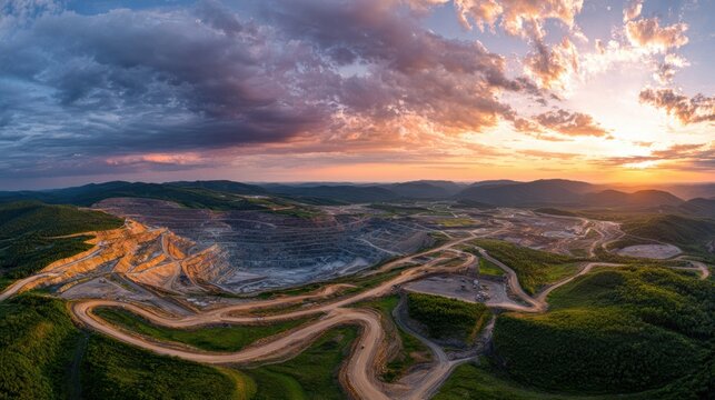 Deep excavation site sits amidst rolling hills during a colorful golden sunset with dramatic clouds above