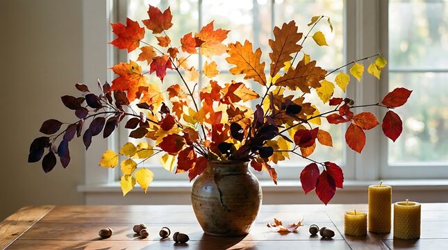 Autumn foliage arrangement fall leaves in vase with candles seasonal home decor
