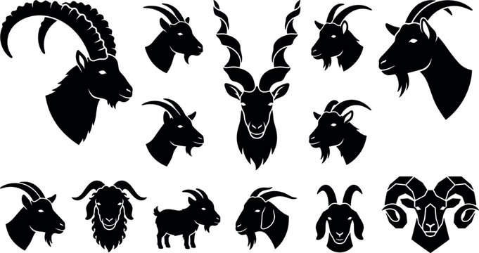 Horned Goat and Wild Ibex Head Silhouette Vector Collection Featuring Ram, Markhor, and Mountain Billy Goat Graphic Symbols for Wildlife Branding Designs