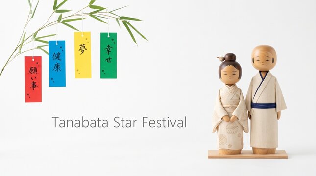 Tanabata Star Festival celebration with kokeshi dolls, colorful tanzaku wish papers on bamboo branch, traditional Japanese summer holiday concept