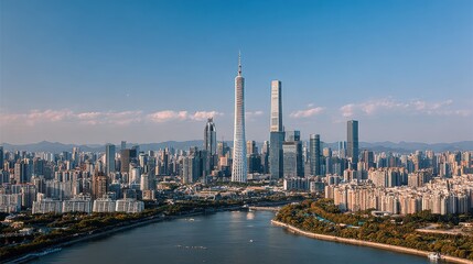 Obraz premium Modern tall buildings rise above the Pearl River in Guangzhou under a bright blue sky during the daytime